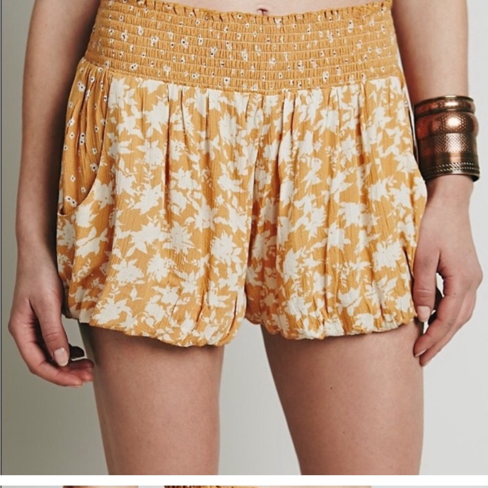 Free People Yellow Floral Smocked Waist Shorts